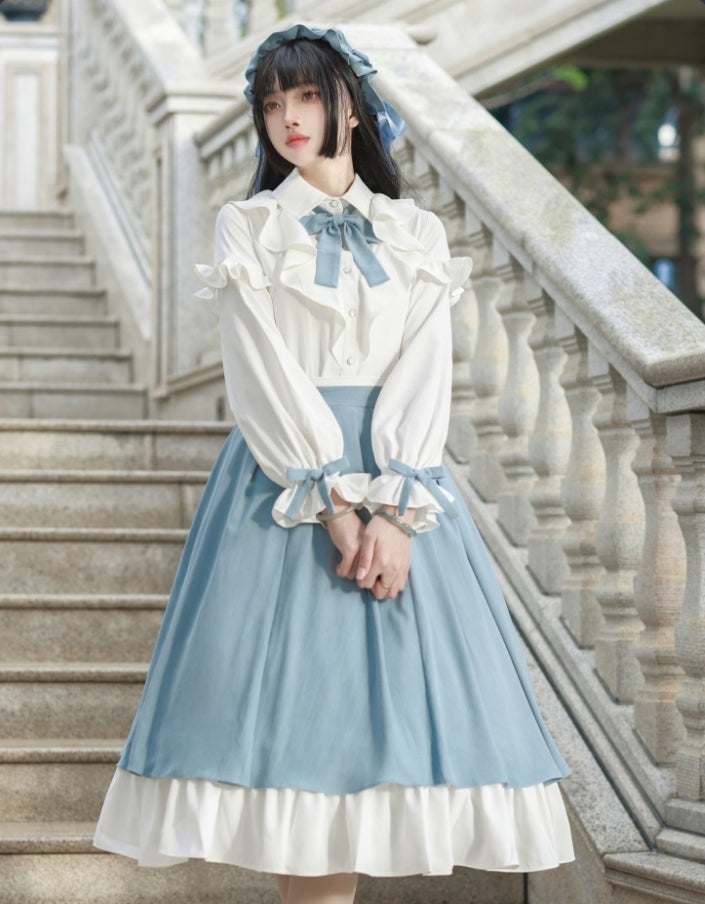 Classic Lolita Light Blue Dress Long Sleeve Layer Ruffled Skirt Set Suit