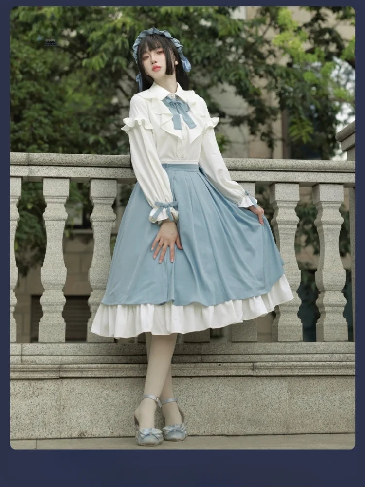 Classic Lolita Light Blue Dress Long Sleeve Layer Ruffled Skirt Set Suit