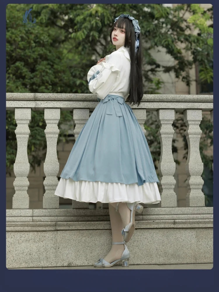 Classic Lolita Light Blue Dress Long Sleeve Layer Ruffled Skirt Set Suit