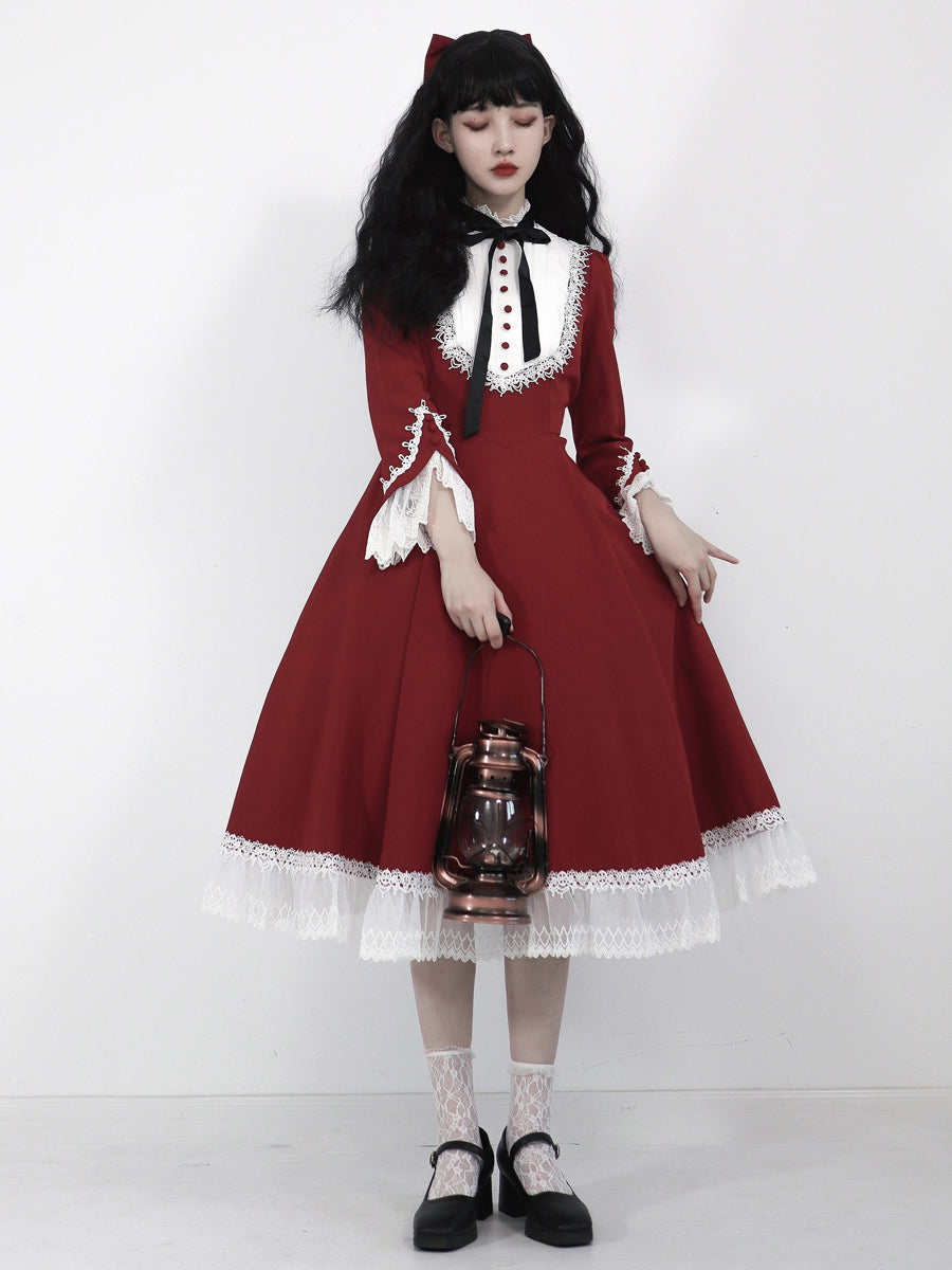 Classic Lolita OP Dress Vintage Victorian Inspired Available in Retro Green Deep Red Blue and Black