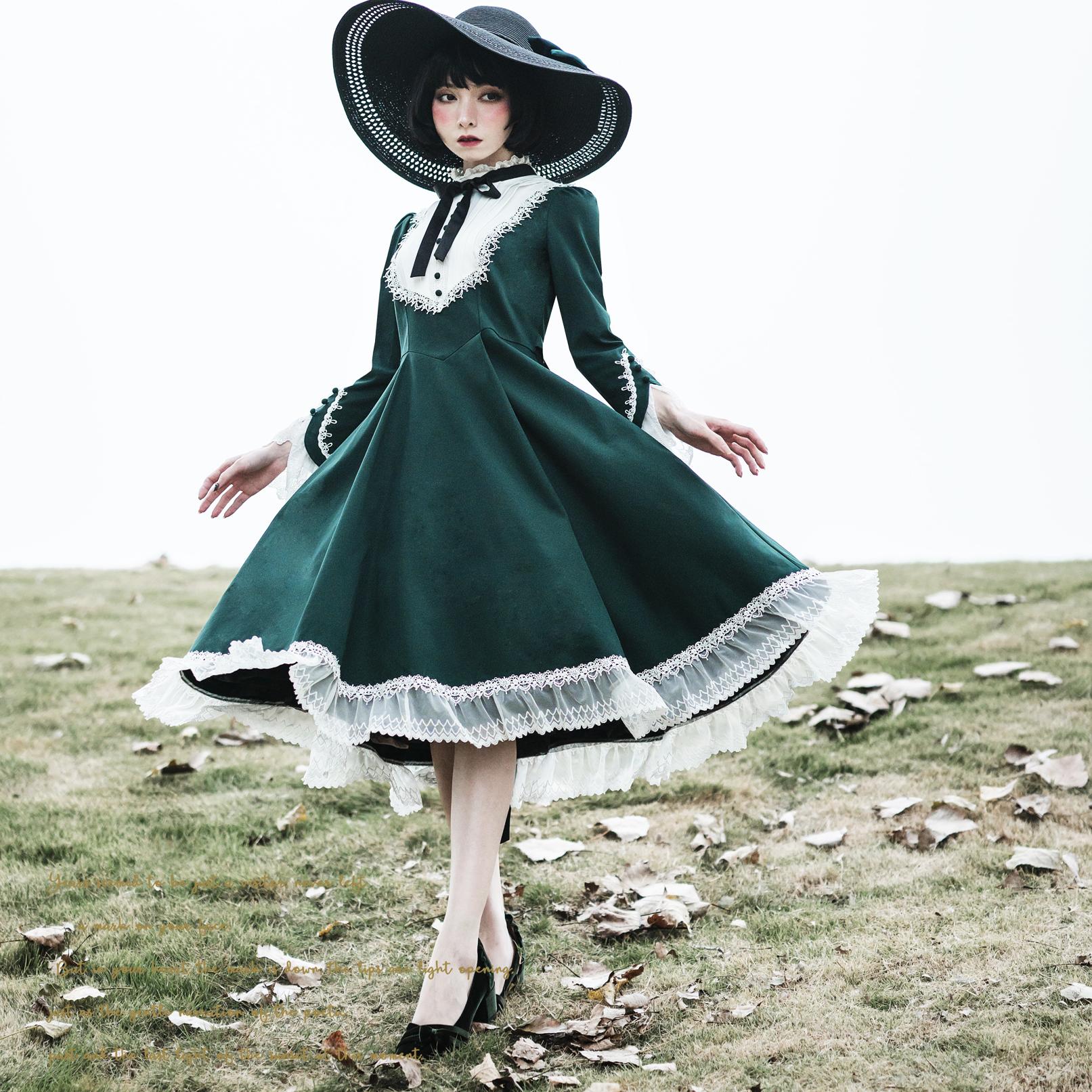 Classic Lolita OP Dress Vintage Victorian Inspired Available in Retro Green Deep Red Blue and Black