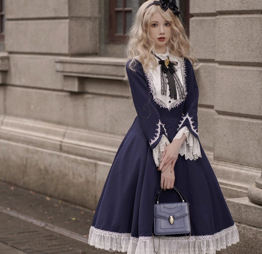 Classic Lolita OP Dress Vintage Victorian Inspired Available in Retro Green Deep Red Blue and Black
