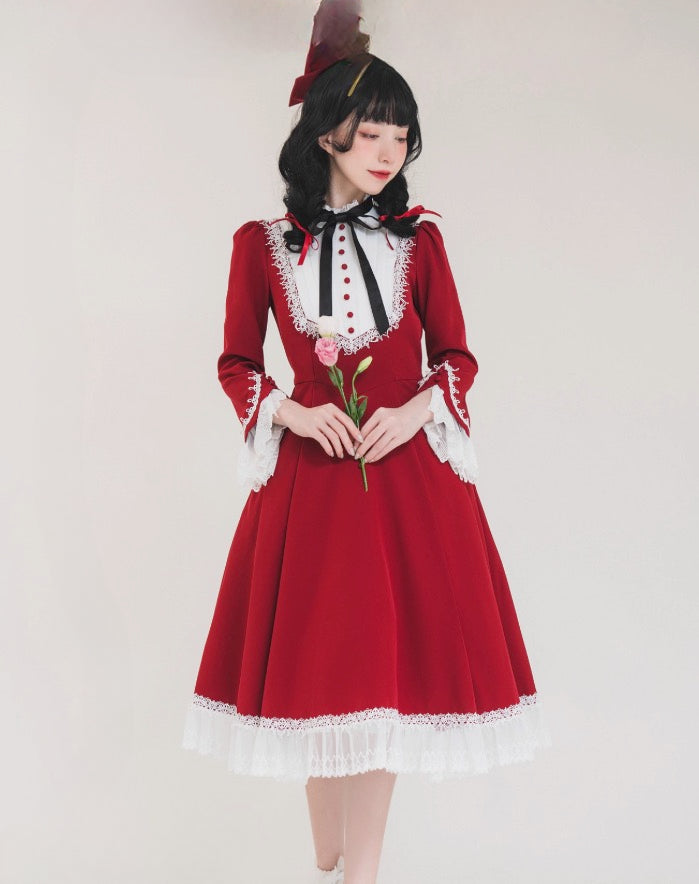 Classic Lolita OP Dress Vintage Victorian Inspired Available in Retro Green Deep Red Blue and Black