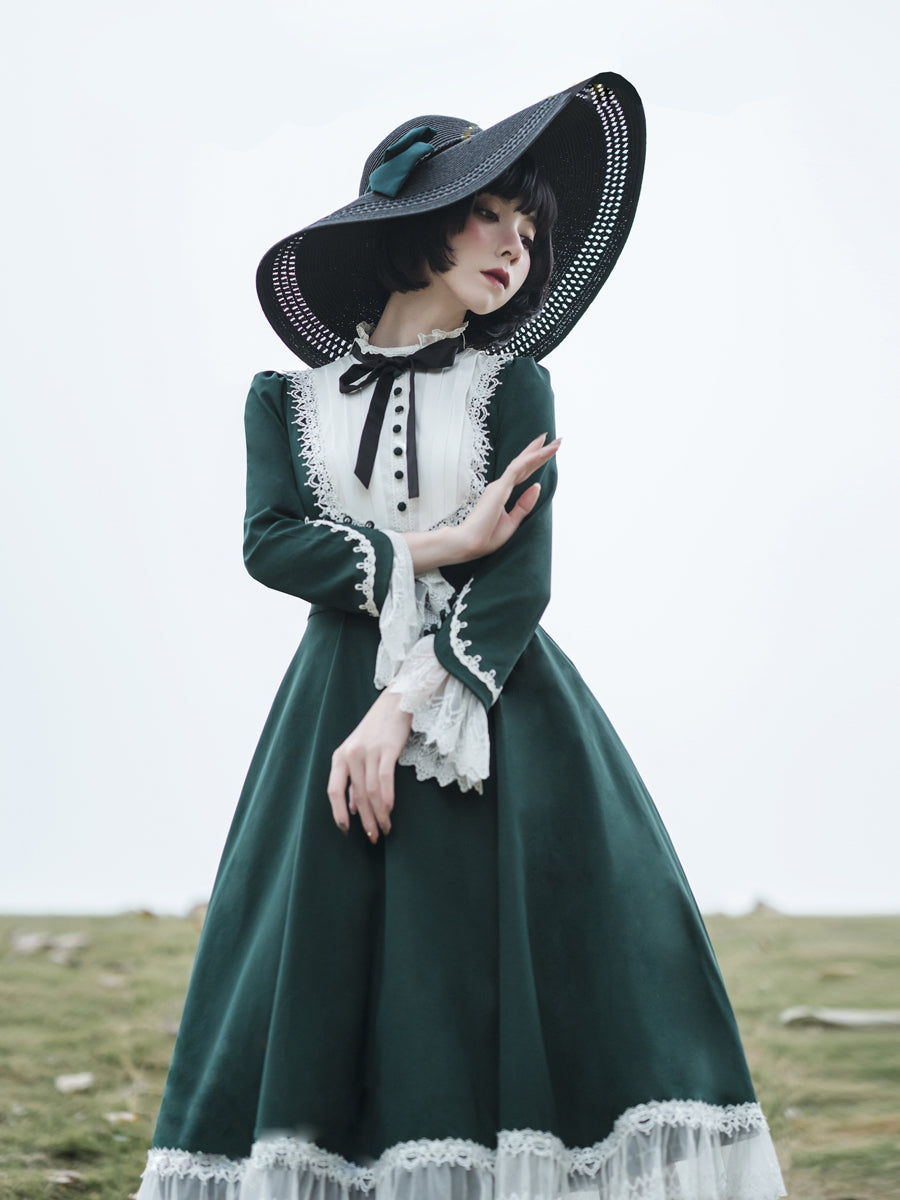 Classic Lolita OP Dress Vintage Victorian Inspired Available in Retro Green Deep Red Blue and Black