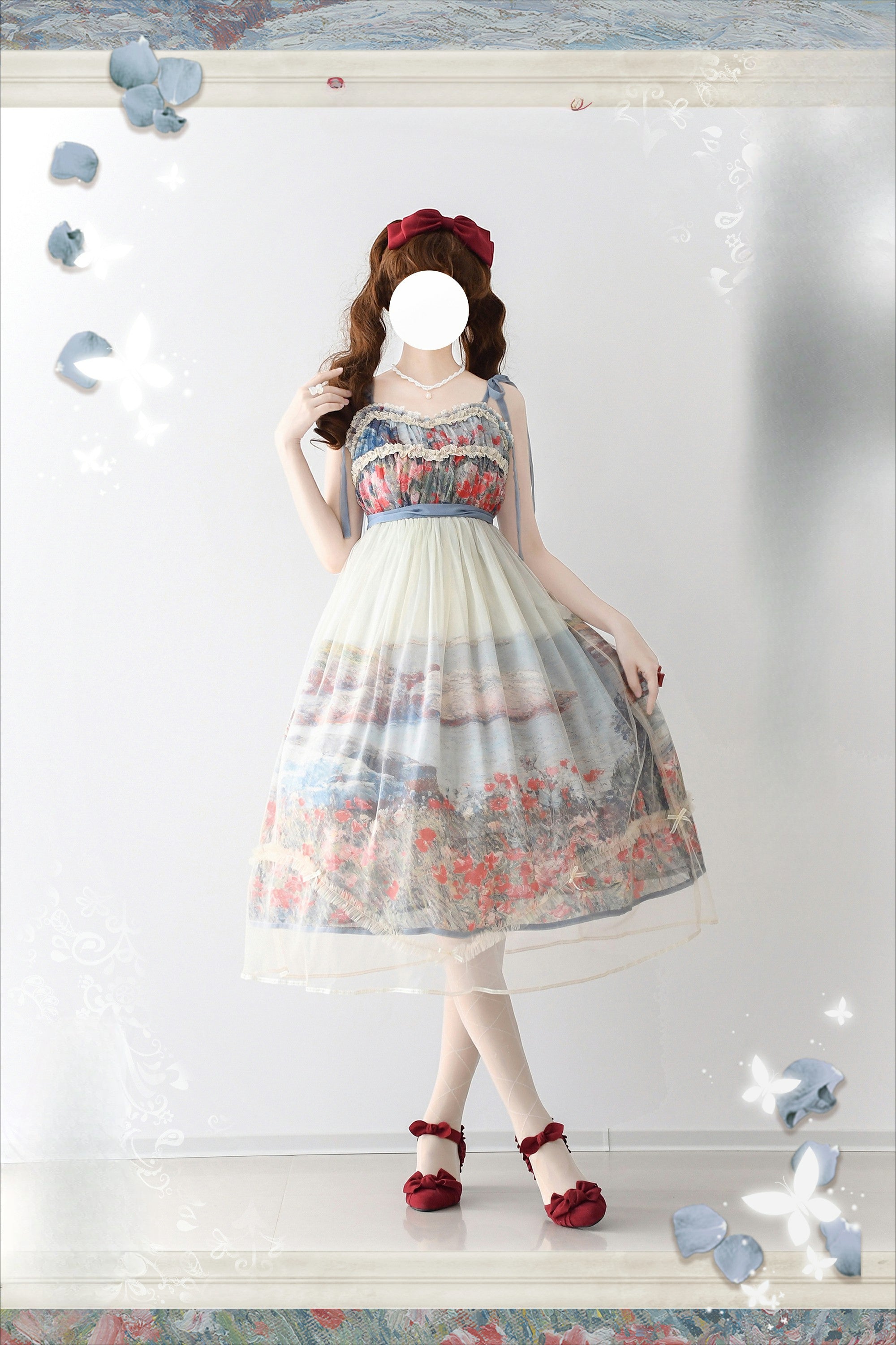 Classic Loita Original Oil Painting Sense Printed Suspender Jsk Bow Dress