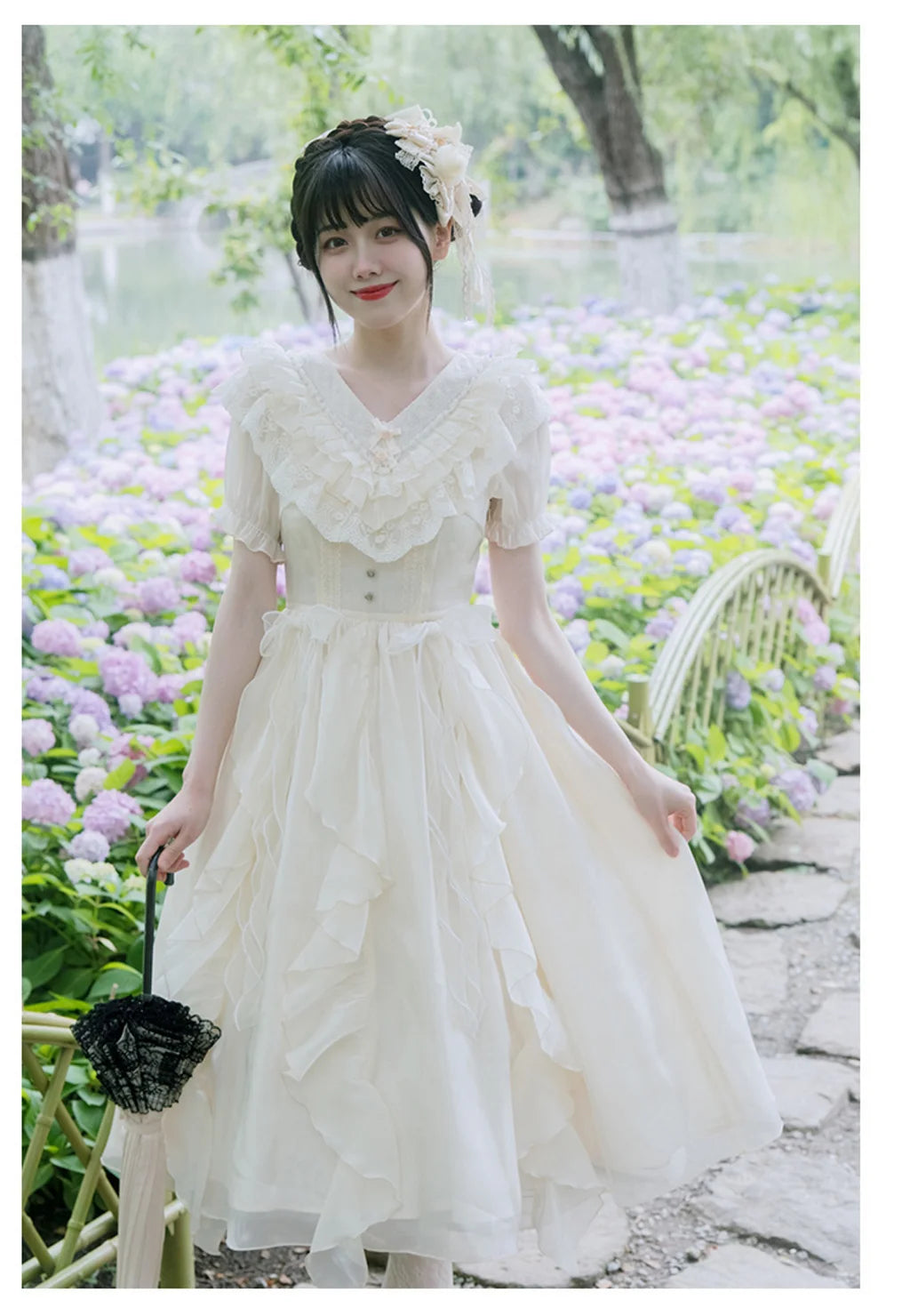 Classic Lolita Pastoral Grace Ensemble Chiffon V-neck Gemini Dress Daily Lolita