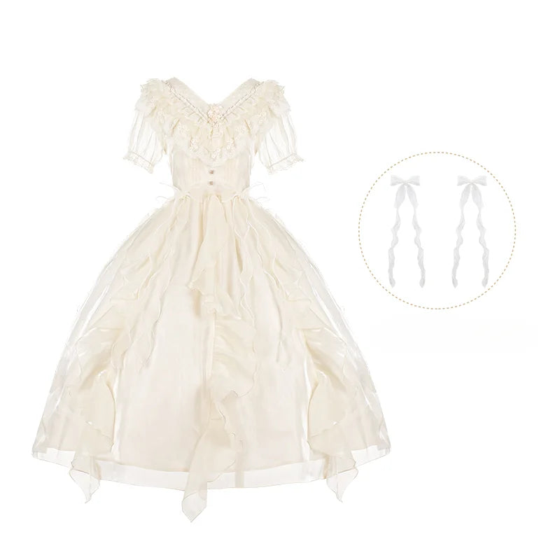 Classic Lolita Pastoral Grace Ensemble Chiffon V-neck Gemini Dress Daily Lolita