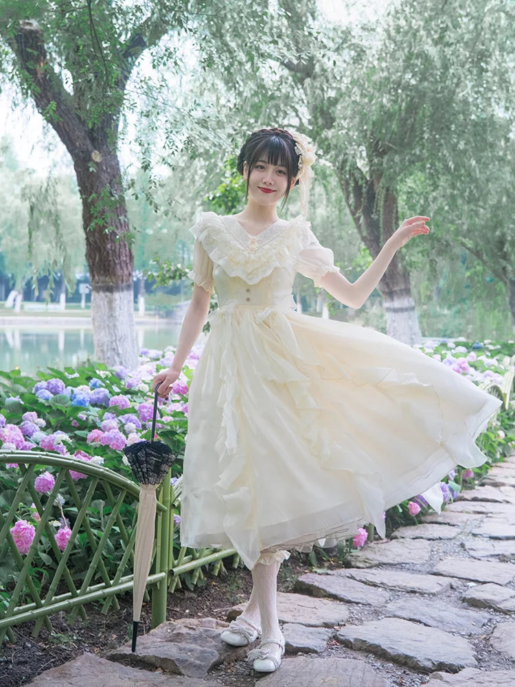 Classic Lolita Pastoral Grace Ensemble Chiffon V-neck Gemini Dress Daily Lolita