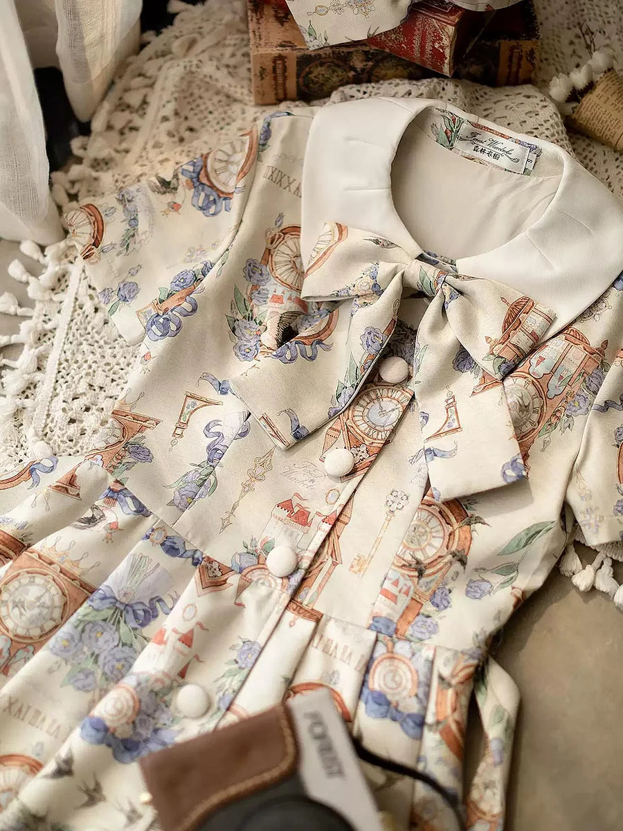 Classic Lolita School - Style Beige Dress Ensemble Printing Retro  Spring Dress Jacket Lolita