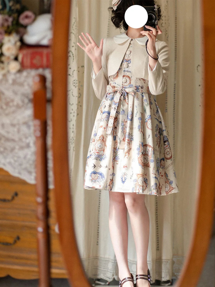 Classic Lolita School - Style Beige Dress Ensemble Printing Retro  Spring Dress Jacket Lolita