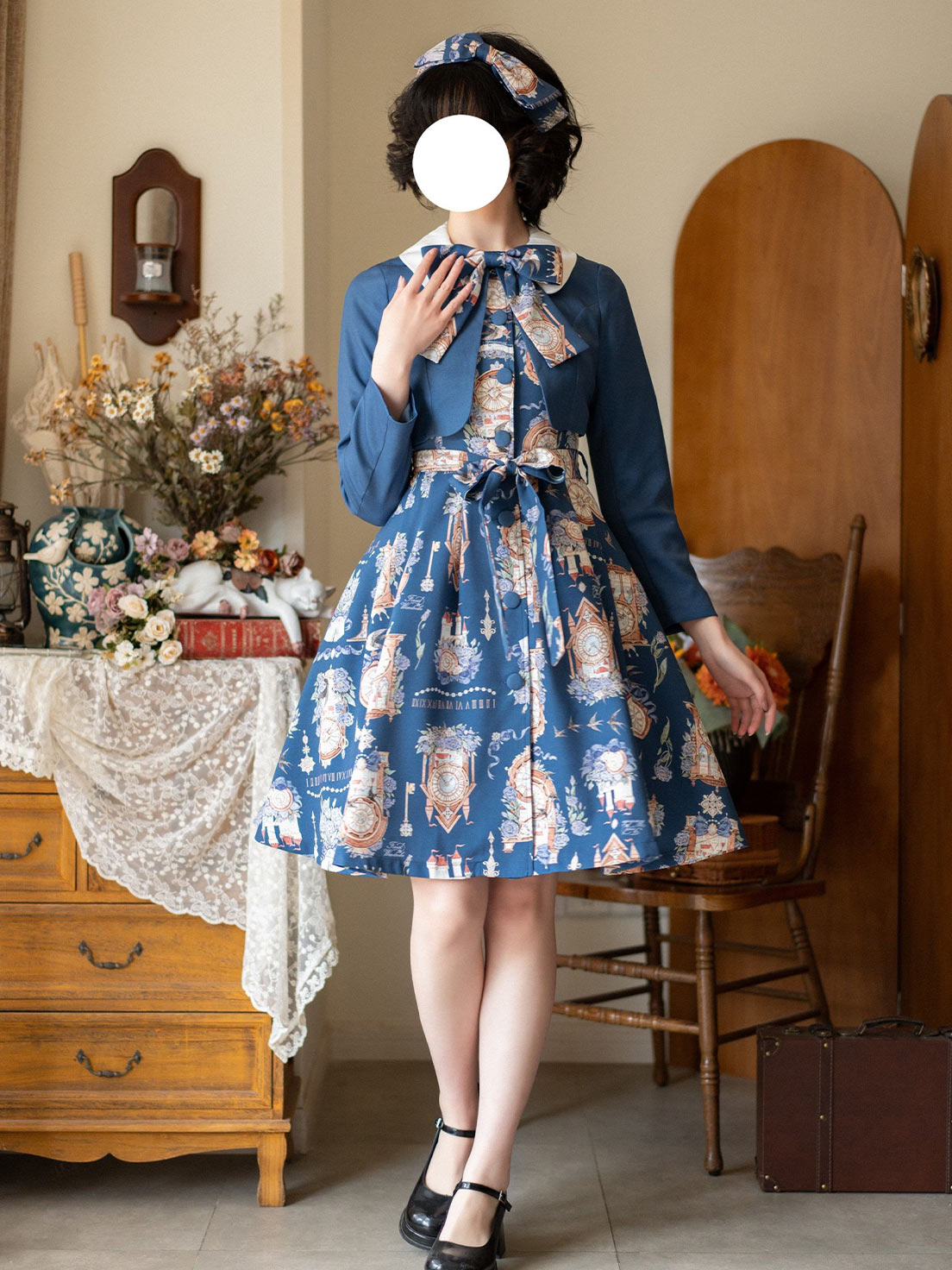 Classic Lolita School - Style Blue Dress Ensemble Printing Retro  Spring Dress Jacket Lolita