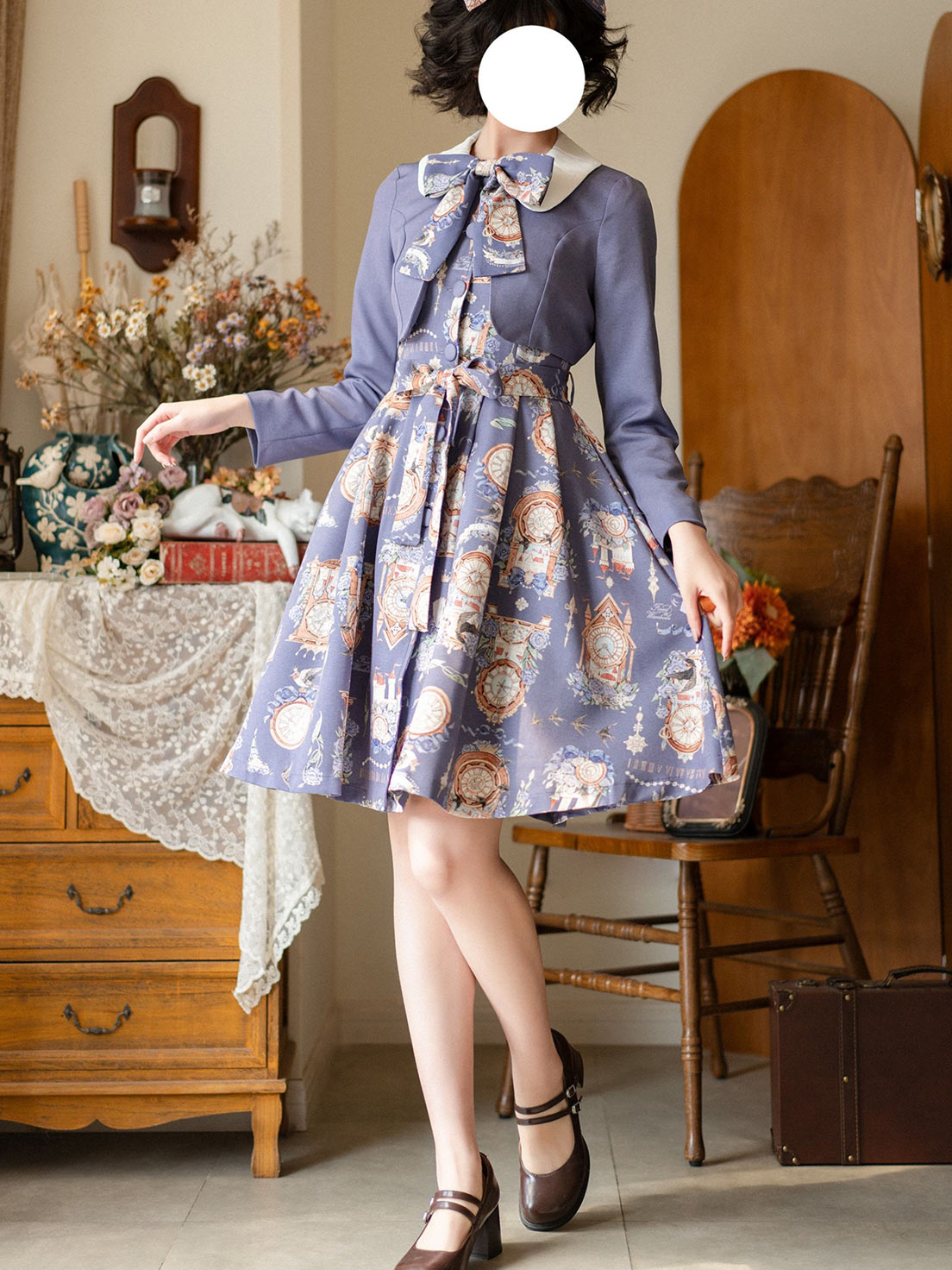 Classic Lolita School - Style Purple Dress Ensemble Printing Retro  Spring Dress Jacket Lolita