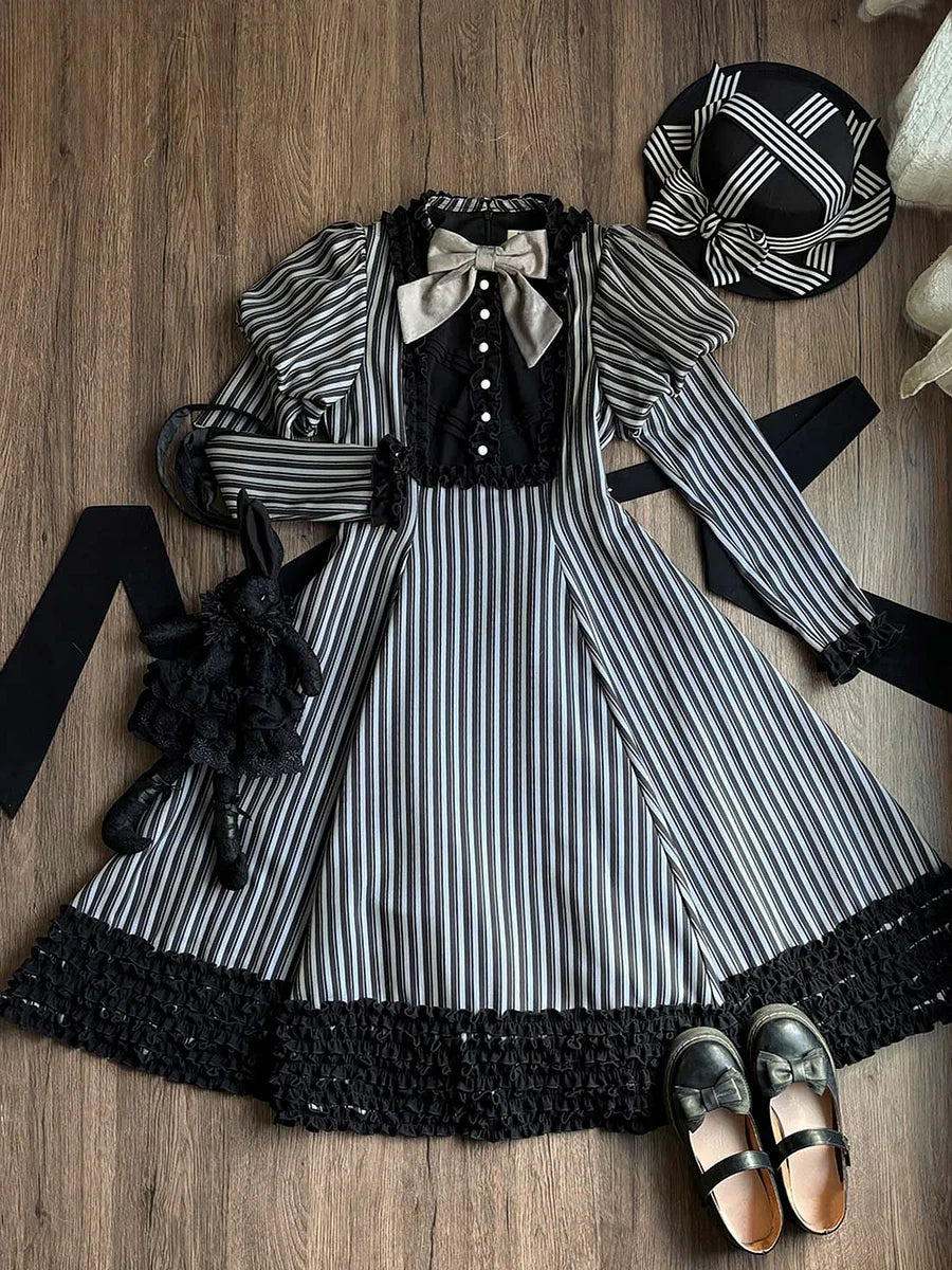 [Pre]Classic Lolita Style French Black and Grey Dresses Outfit Spring and Autumn Long-sleeved