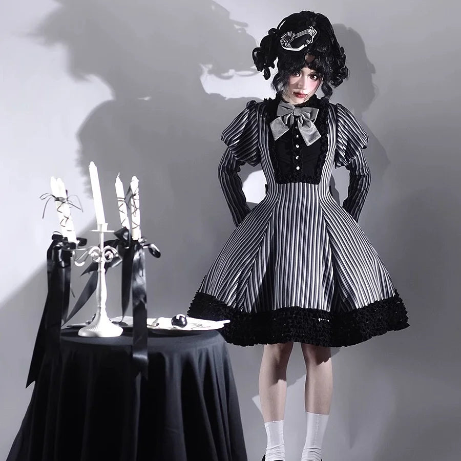 [Pre]Classic Lolita Style French Black and Grey Dresses Outfit Spring and Autumn Long-sleeved