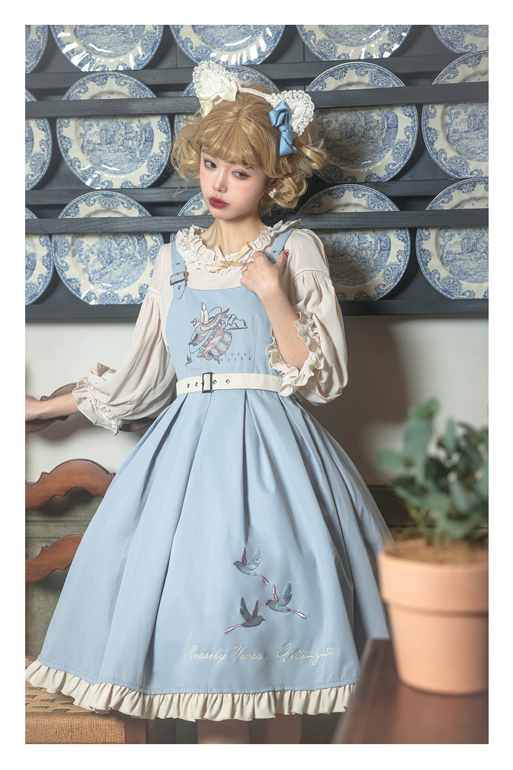 Classic Lolita Sweet Blue Set Embroider Pinafore Dress Summer Jumpsuit