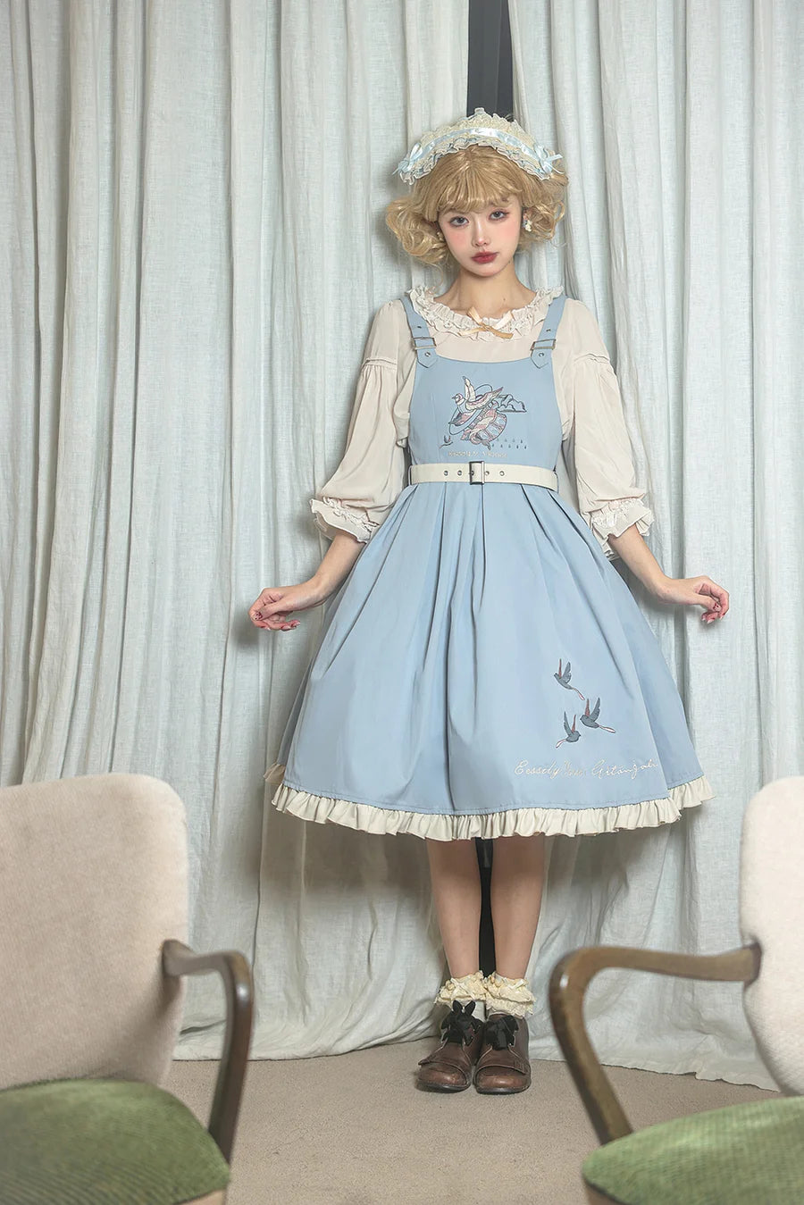 Classic Lolita Sweet Blue Set Embroider Pinafore Dress Summer Jumpsuit
