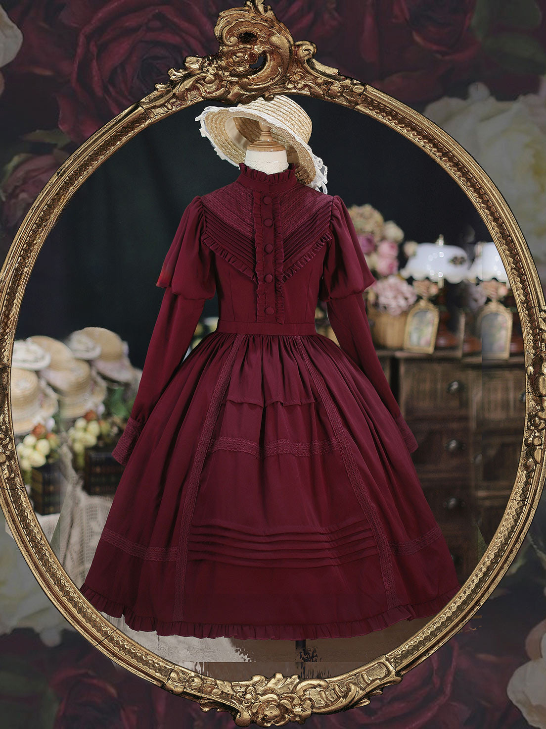 Classic Lolita Victorian French Red Black Dresses Outfit Collar Dress Lolita OP Garden