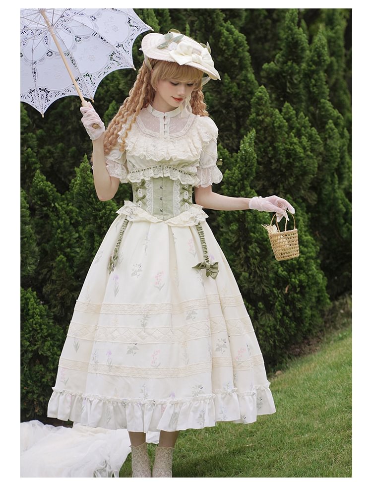 Classic Lolita Victorian Lolita Light Green Floral Elegant Waistcoat Corset Lolita Short Sleeve Lace Dress Style
