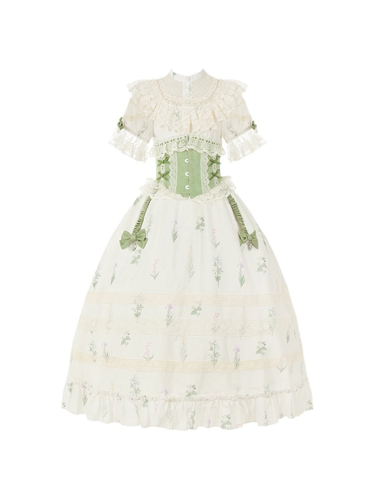Classic Lolita Victorian Lolita Light Green Floral Elegant Waistcoat Corset Lolita Short Sleeve Lace Dress Style