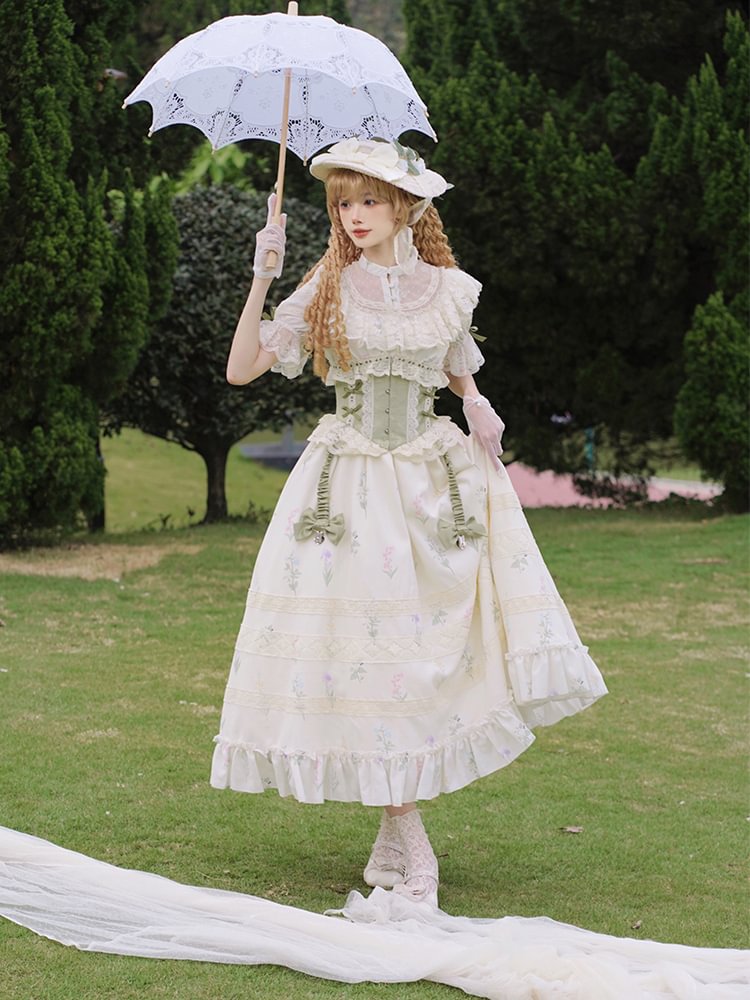 Classic Lolita Victorian Lolita Light Green Floral Elegant Waistcoat Corset Lolita Short Sleeve Lace Dress Style