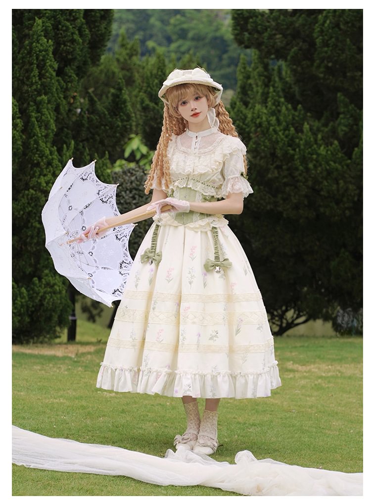 Classic Lolita Victorian Lolita Light Green Floral Elegant Waistcoat Corset Lolita Short Sleeve Lace Dress Style
