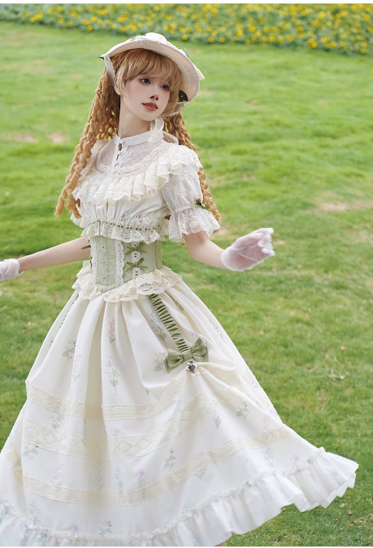 Classic Lolita Victorian Lolita Light Green Floral Elegant Waistcoat Corset Lolita Short Sleeve Lace Dress Style