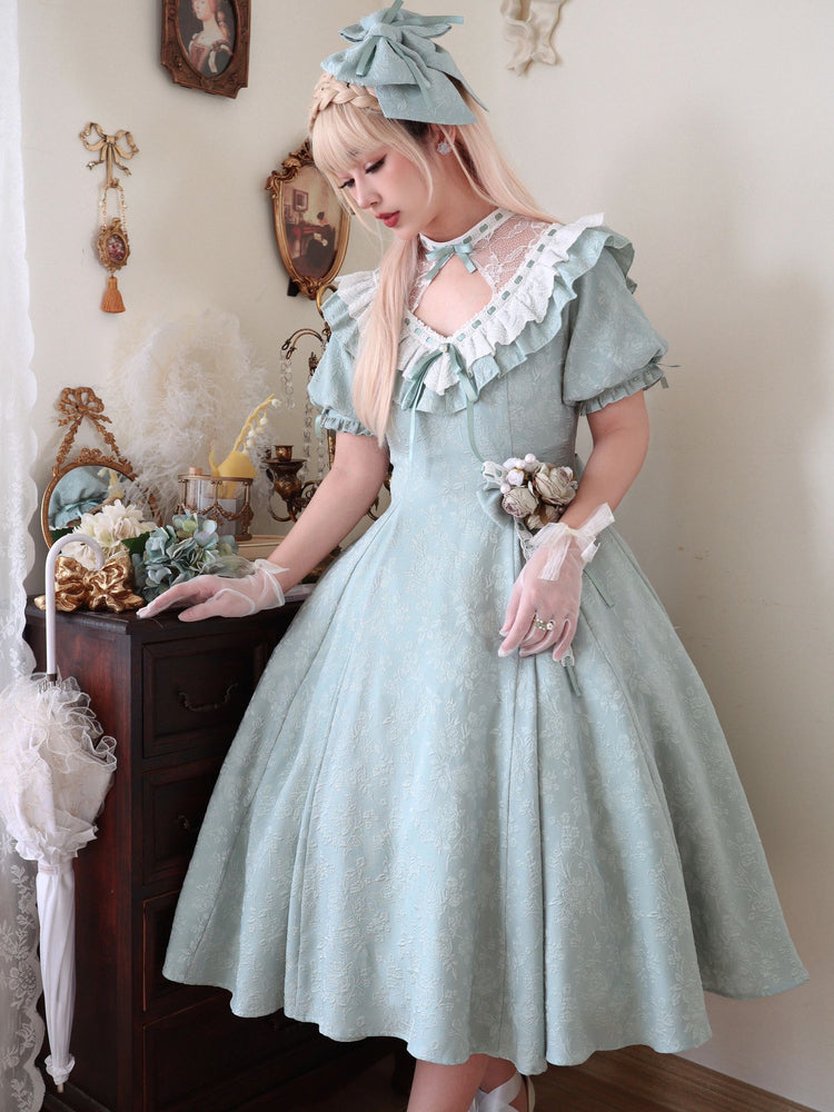Classic Lolita Vintage Green Japanese Princess Dress with Sheer Neckline Daily Light Lolita