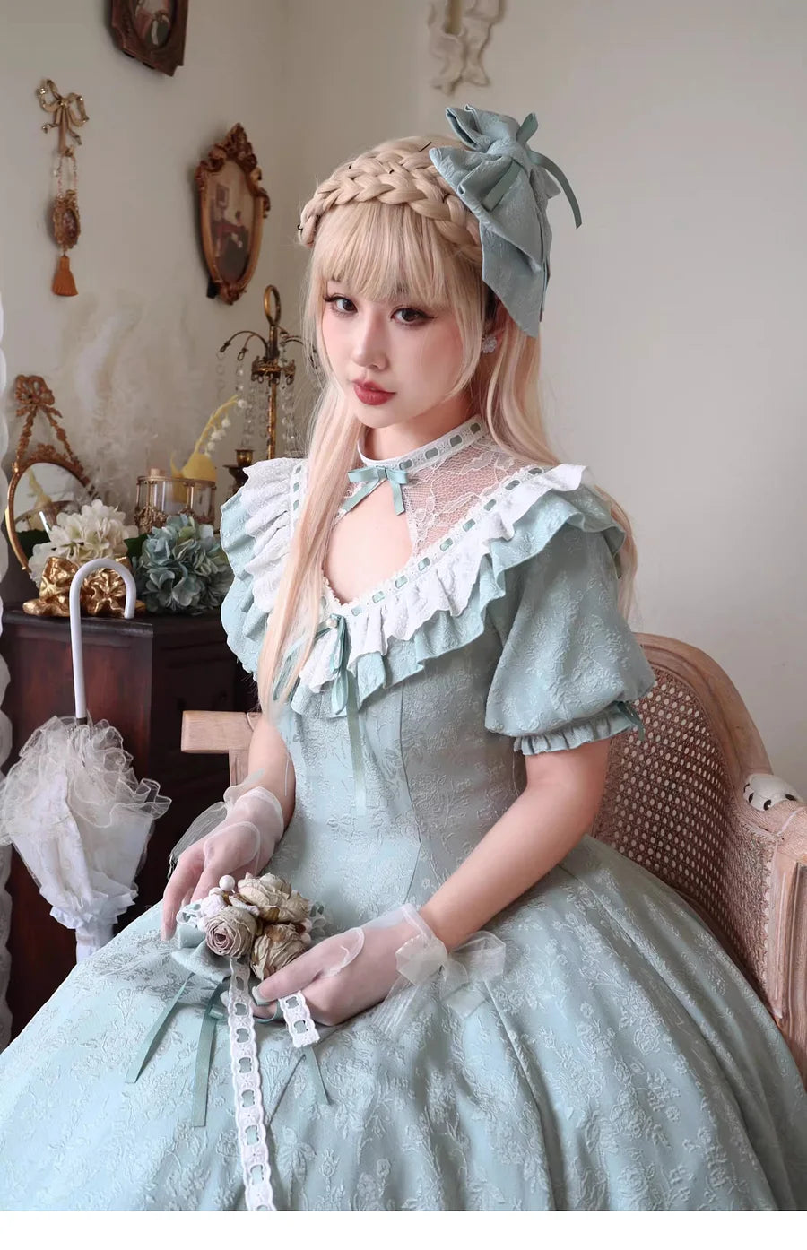 Classic Lolita Vintage Green Japanese Princess Dress with Sheer Neckline Daily Light Lolita