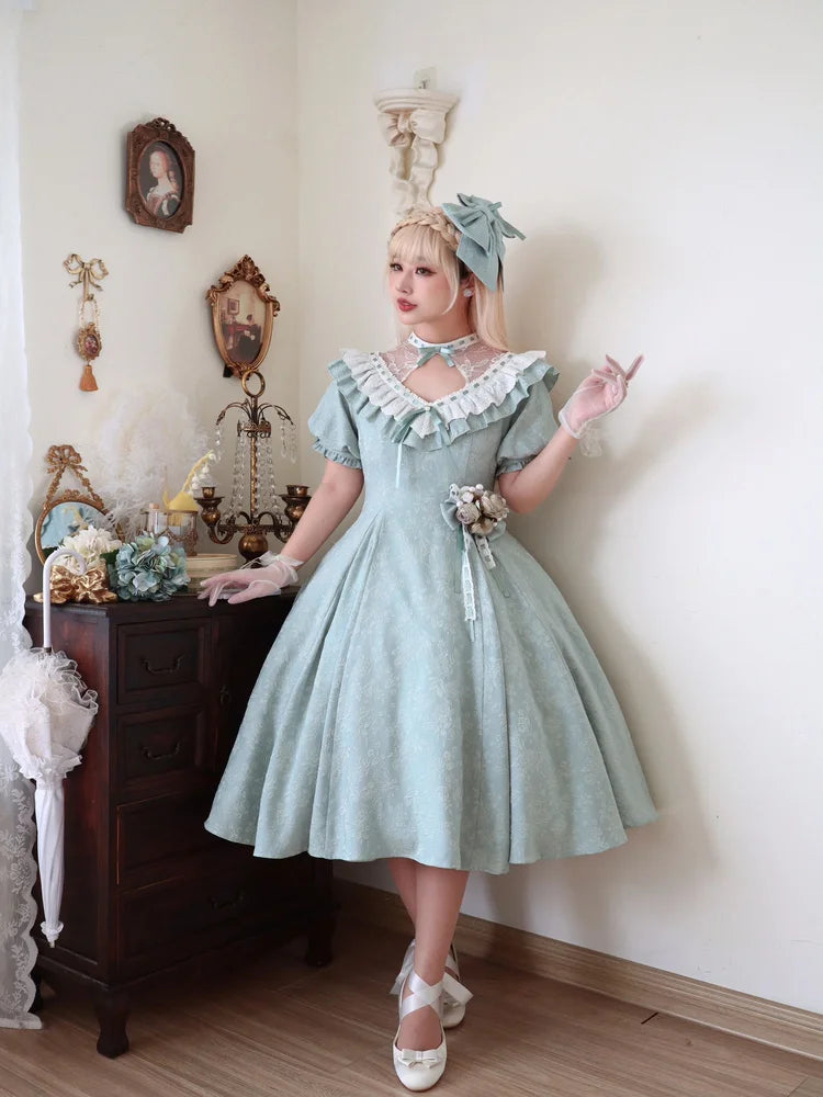 Classic Lolita Vintage Green Japanese Princess Dress with Sheer Neckline Daily Light Lolita