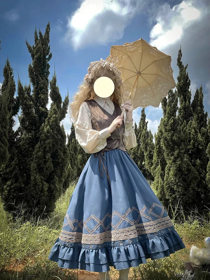 Classic Lolita Blue Vintage Style Skirt Elegant Navy Embroider Dress