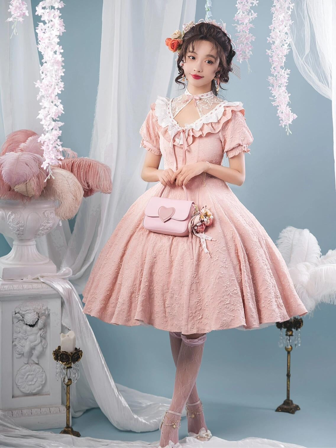 Classic Lolita Vintage Pink Japanese Princess Dress with Sheer Neckline Daily Light Lolita