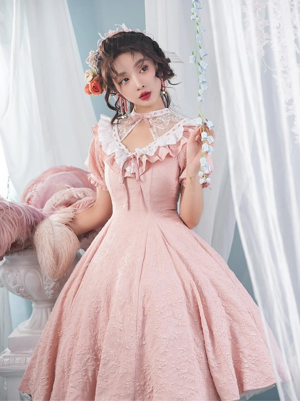 Classic Lolita Vintage Pink Japanese Princess Dress with Sheer Neckline Daily Light Lolita
