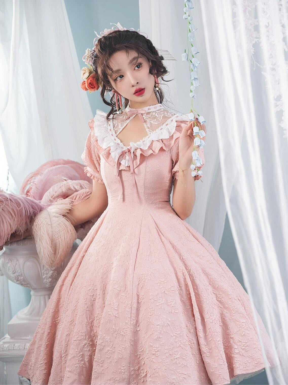 Classic Lolita Vintage Pink Japanese Princess Dress with Sheer Neckline Daily Light Lolita