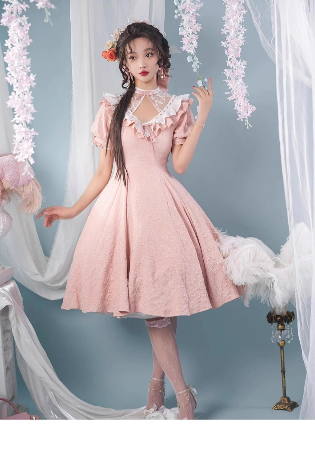 Classic Lolita Vintage Pink Japanese Princess Dress with Sheer Neckline Daily Light Lolita