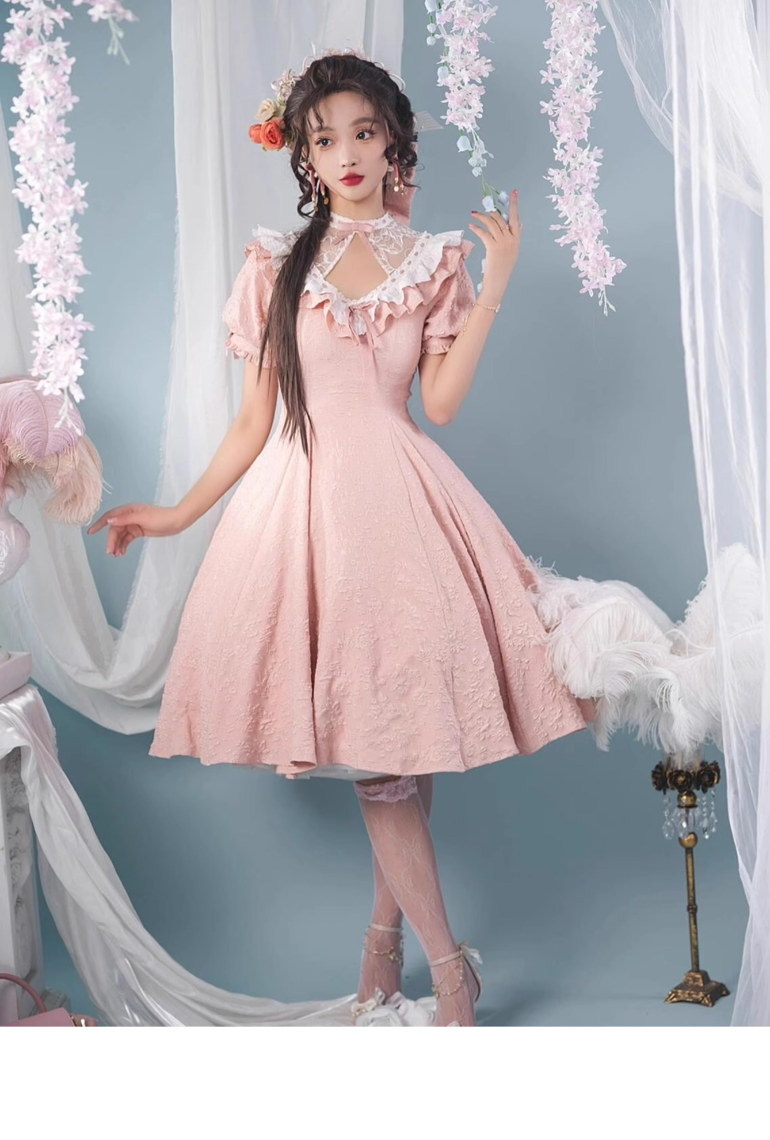 Classic Lolita Vintage Pink Japanese Princess Dress with Sheer Neckline Daily Light Lolita