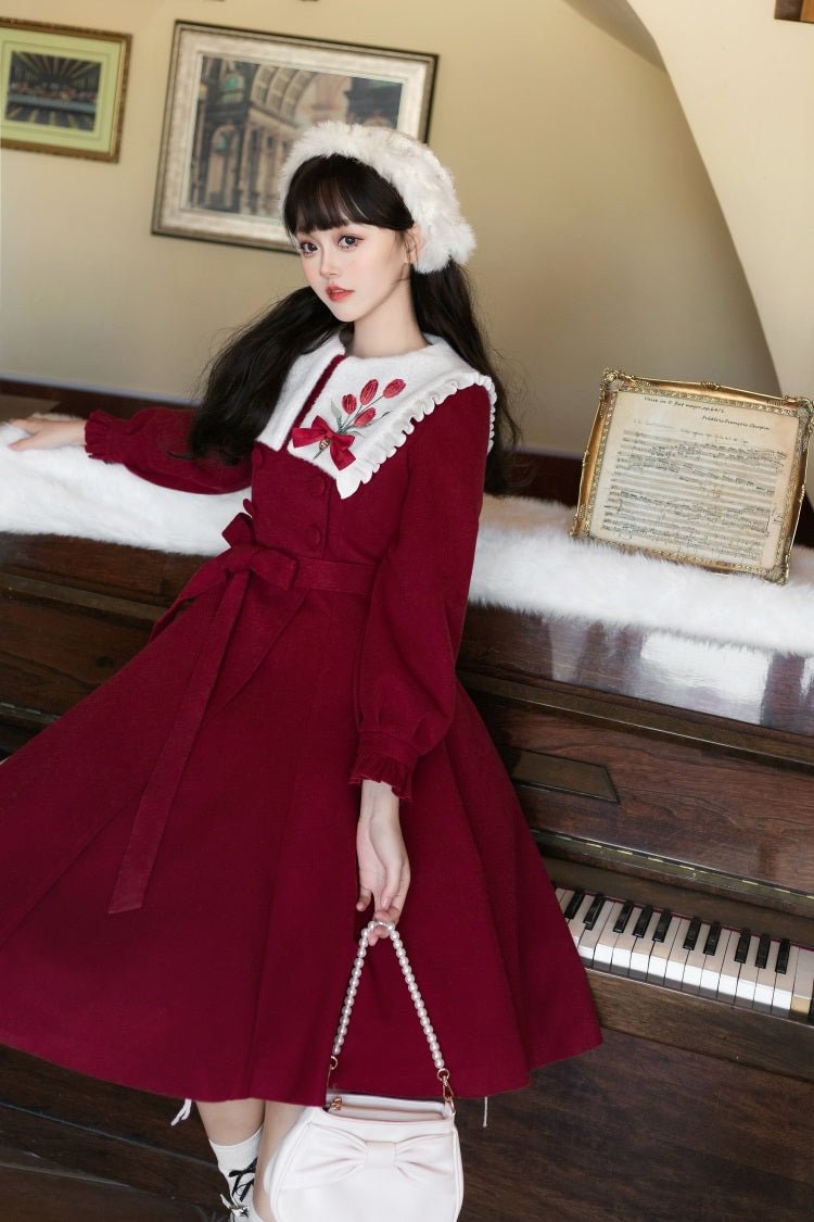 Classic Long Sleeve Lolita Dress Long Solid Color Simple