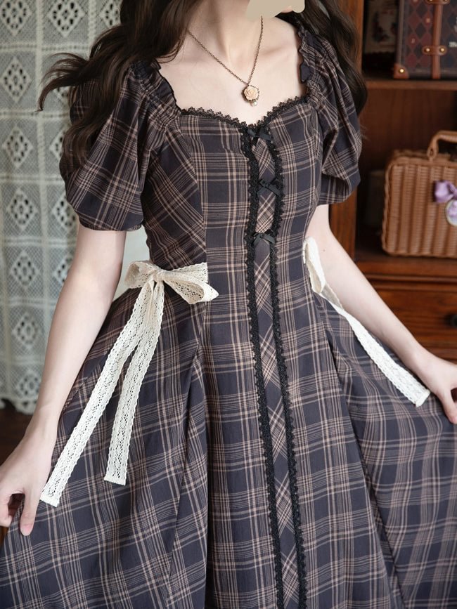 Classic Plaid Light Lolita Dress Square Neck Bowknot OP