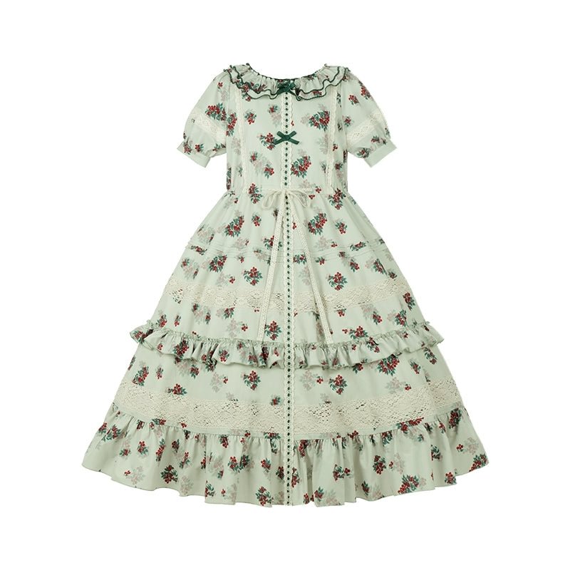 Classic Rustic Print Short Sleeve Lace Long Dress Lolita