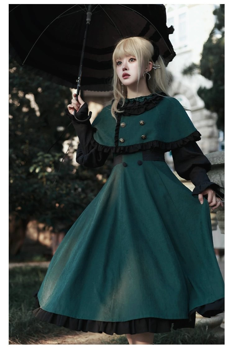 Classic Vintage Green Lolita Dress Dress OP Long Sleeve Jacket Accessories with Cape