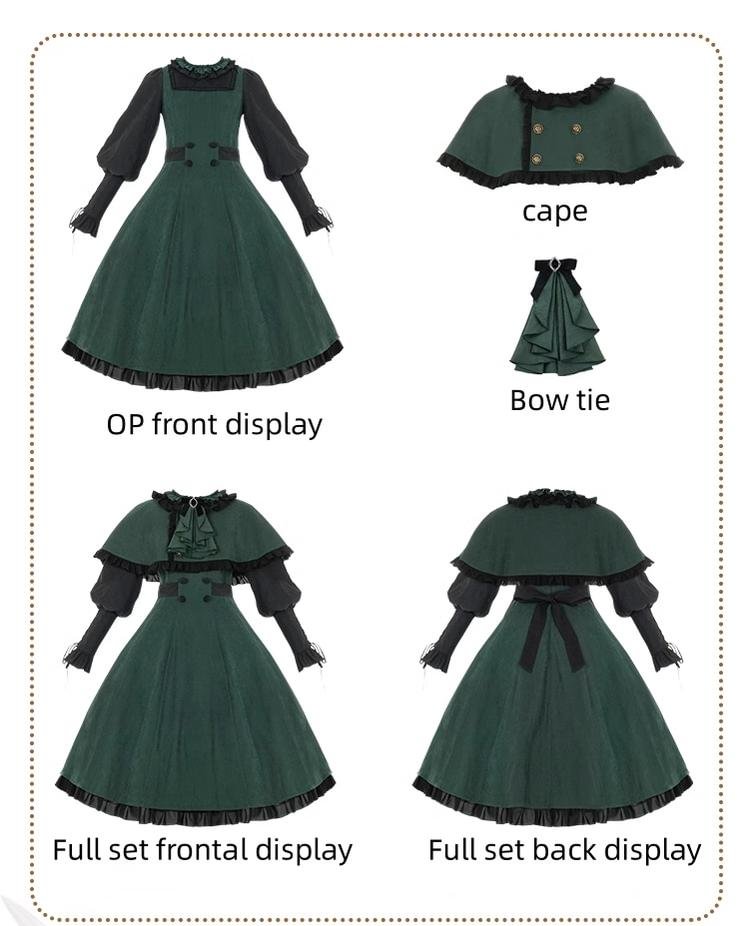 Classic Vintage Green Lolita Dress Dress OP Long Sleeve Jacket Accessories with Cape