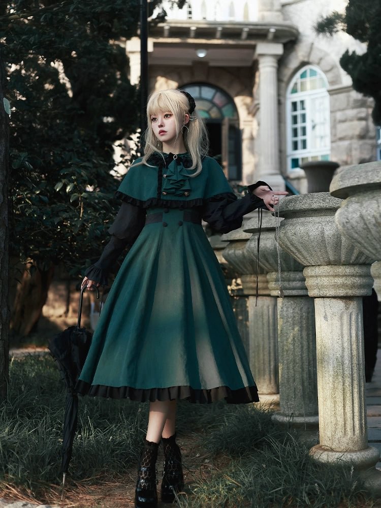 Classic Vintage Green Lolita Dress Dress OP Long Sleeve Jacket Accessories with Cape