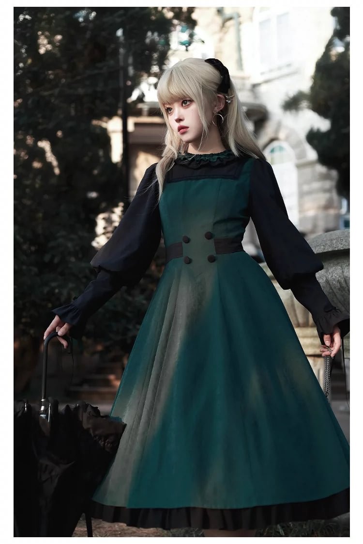 Classic Vintage Green Lolita Dress Dress OP Long Sleeve Jacket Accessories with Cape