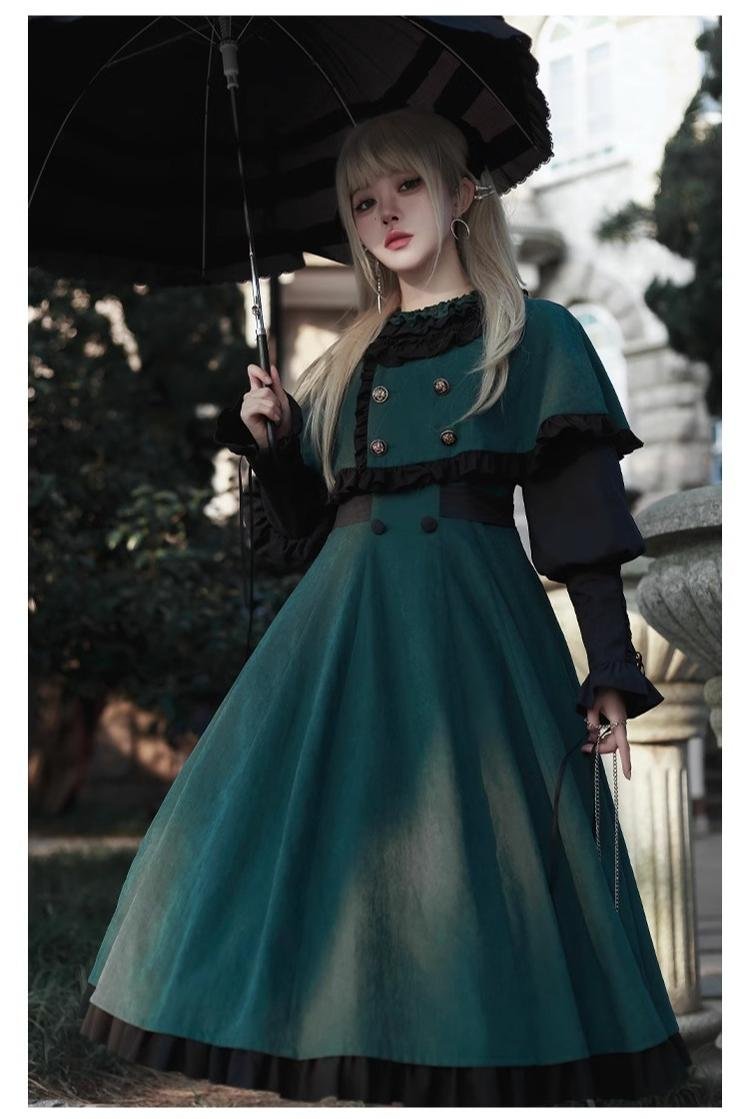 Classic Vintage Green Lolita Dress Dress OP Long Sleeve Jacket Accessories with Cape
