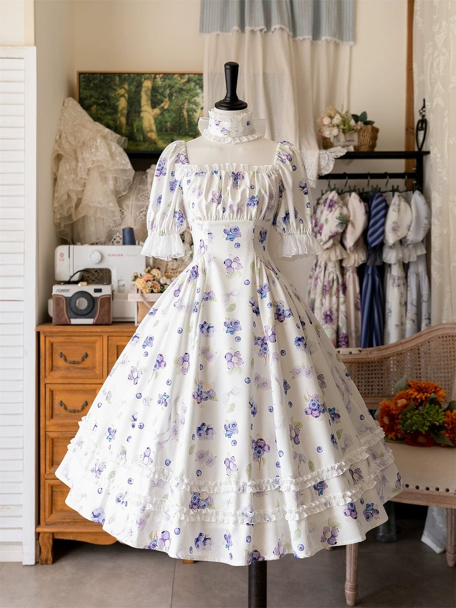 Classic Vintage Lolita Dress OP Short Sleeve Floral Print Purple Dress