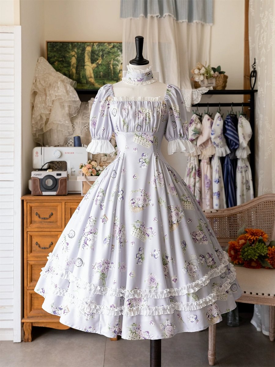 Classic Vintage Lolita Dress OP Short Sleeve Floral Print Purple Dress