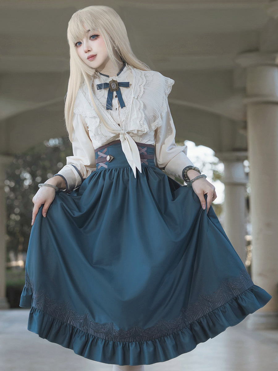 Classic Vintage Lolita Skirt Set Blue Skirt Cream Blouse for Tea Party Fashion Lolita Outfits Blouse Skirt OP Dress