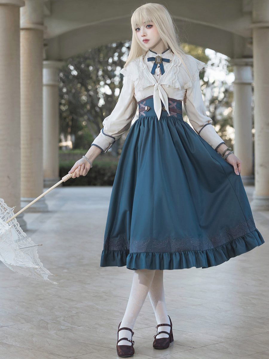 Classic Vintage Lolita Skirt Set Blue Skirt Cream Blouse for Tea Party Fashion Lolita Outfits Blouse Skirt OP Dress