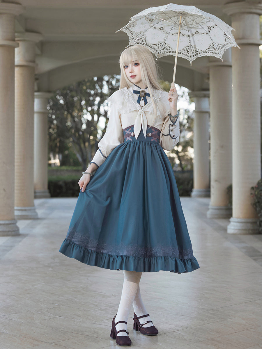 Classic Vintage Lolita Skirt Set Blue Skirt Cream Blouse for Tea Party Fashion Lolita Outfits Blouse Skirt OP Dress