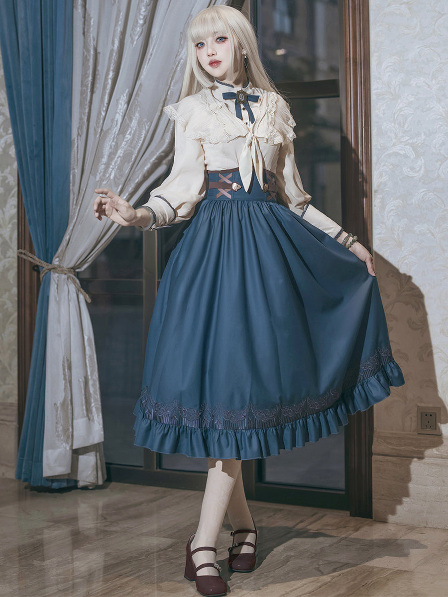 Classic Vintage Lolita Skirt Set Blue Skirt Cream Blouse for Tea Party Fashion Lolita Outfits Blouse Skirt OP Dress
