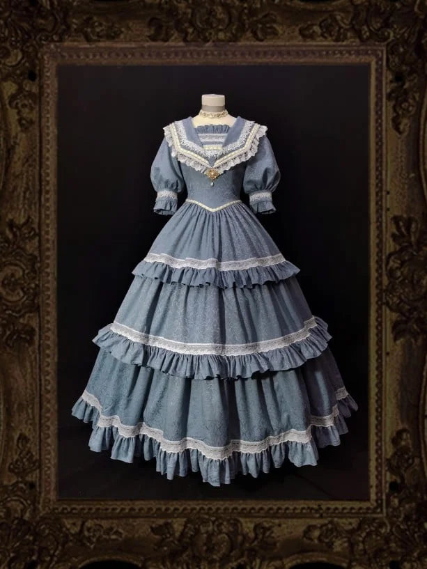 Classic Vintage Lolita Victorian Lolita Elegant Ruffled Lolita Dress Navy Collar Short Sleeves Maxi Dress OP